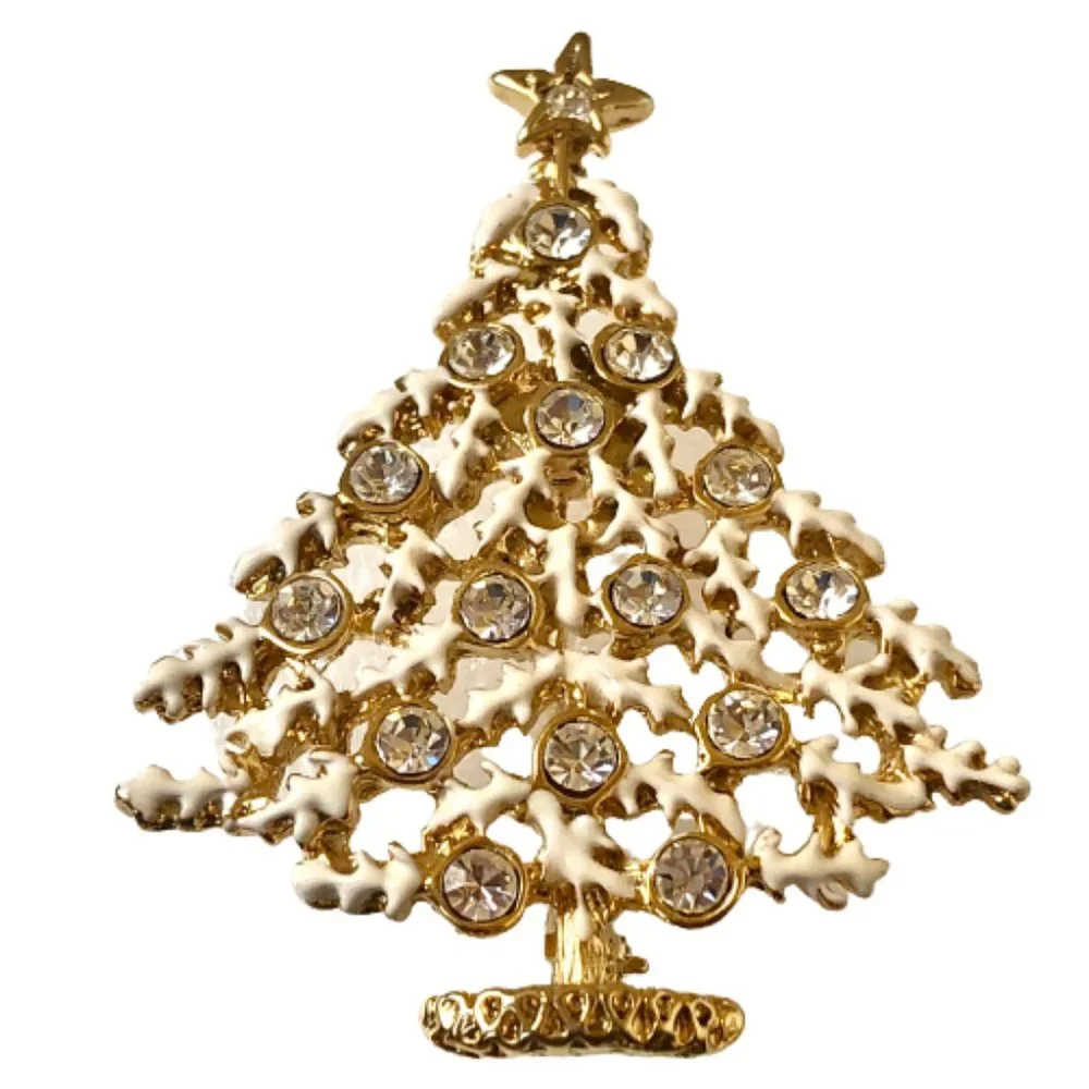 Vintage Christmas Tree Brooch Pin White Enamel & Clear Rhinestones